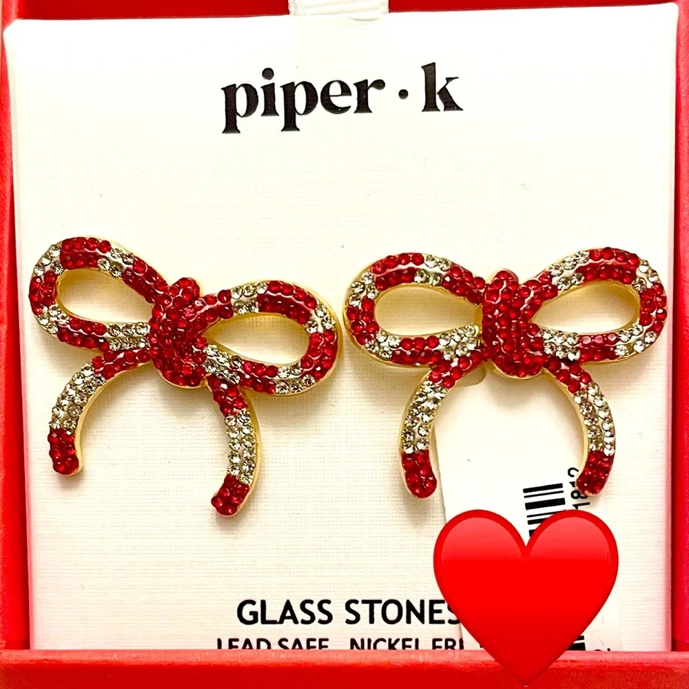 Piper-K Red and White Bow Glass Stone Earrings  Brand New in Box‎
